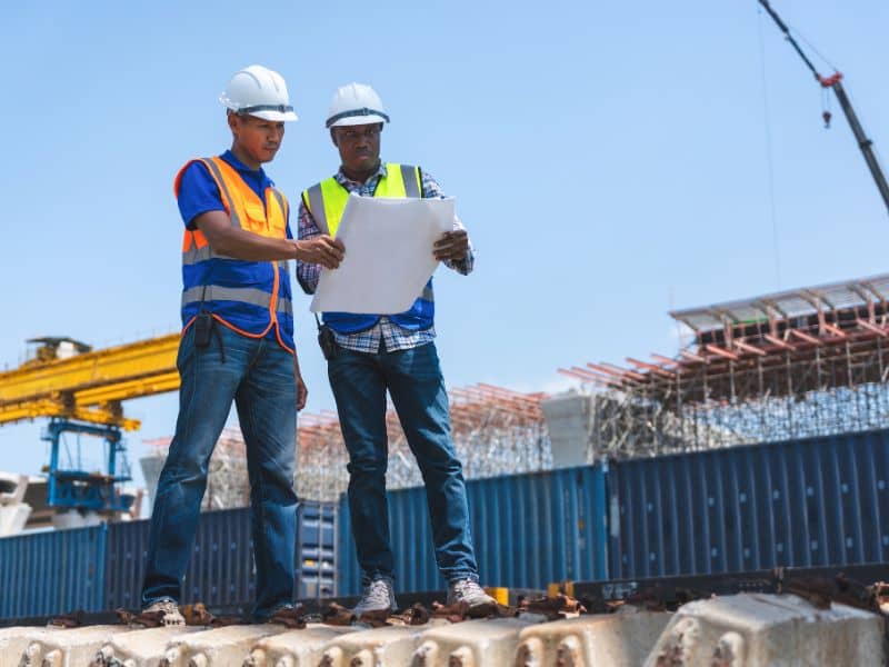 Professionals reviewing property plans near a commercial site undergoing surrounding development and construction activity.