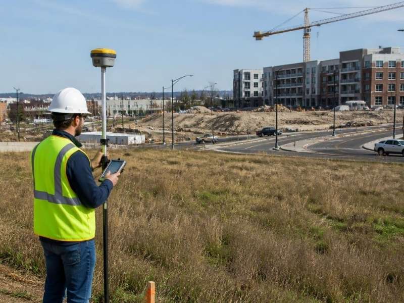 Surveyor evaluating commercial land near a redevelopment project in Vestavia Hills Alabama.