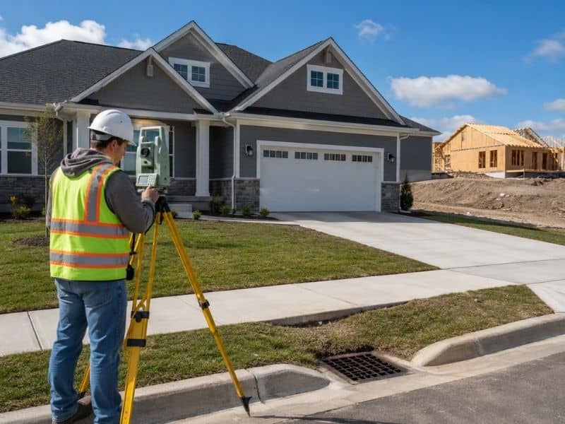 residential as built survey final approval - Vestavia Hills Land Surveying Land surveyor measuring a completed home, driveway, and drainage area for a residential as-built survey before final approval.