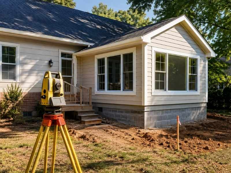 Elevation certificate survey for a home addition in Vestavia Hills, Alabama, with surveying equipment positioned beside the newly expanded foundation.