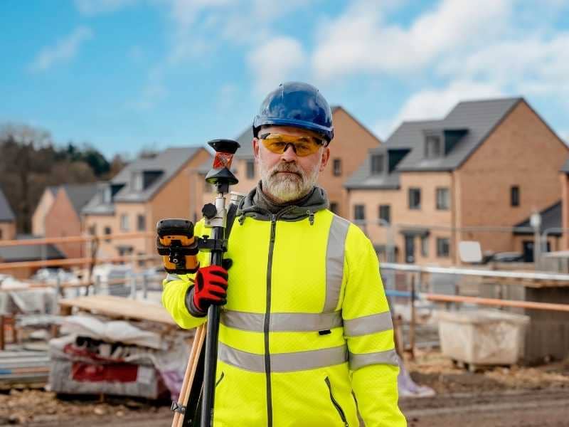 Land surveyor using surveying equipment at a residential construction site for an elevation survey in Vestavia Hills, Alabama.